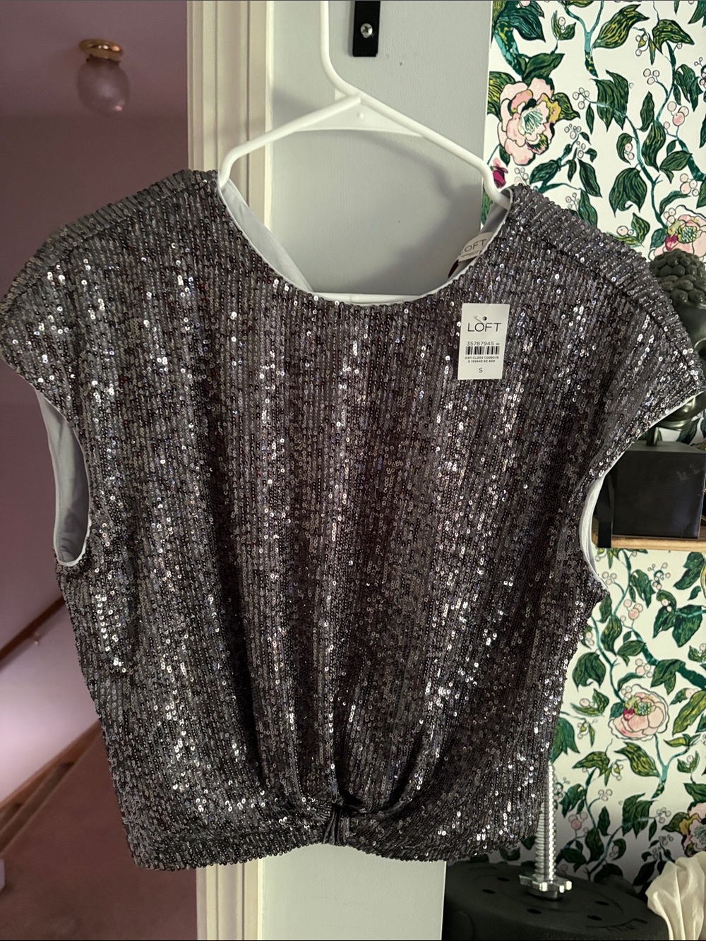 LOFT Silver Sequin Short Sleeve Knot-Hem Crop Top